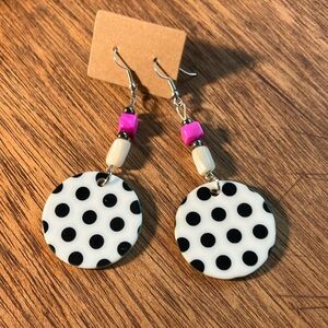 Hand Crafted Black and‎ White Polka Dot Circle Disc Dangle Earrings